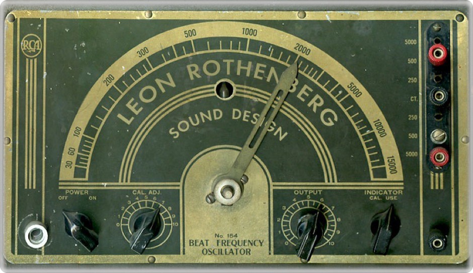 Vintage RCA beat frequency oscillator with its dial labeled Leon Rothenberg Sound Design